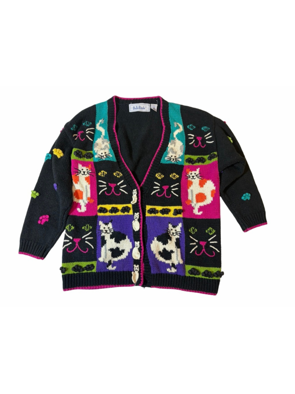 Vintage Belle Pointe Cat Cardigan Sweater Whimsigoth Novelty Knit Art Teacher